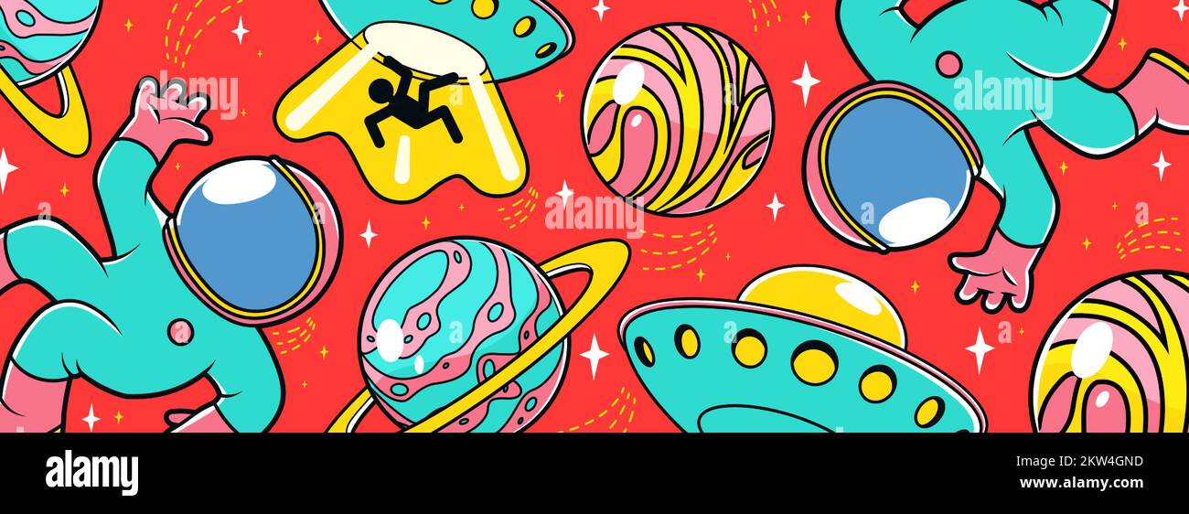 Colorful astronauts in spacesuits, fantasy planets, alien UFOs, space objects and stars on bright background. Trendy contemporary style seamless space pattern for wallpaper. Vector illustration Stock Vector