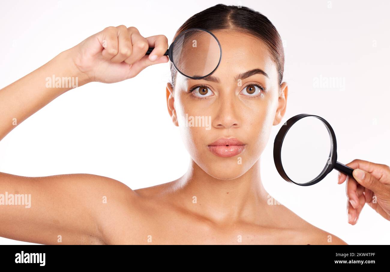 Magnifying glass, beauty and woman for facial skincare, makeup
