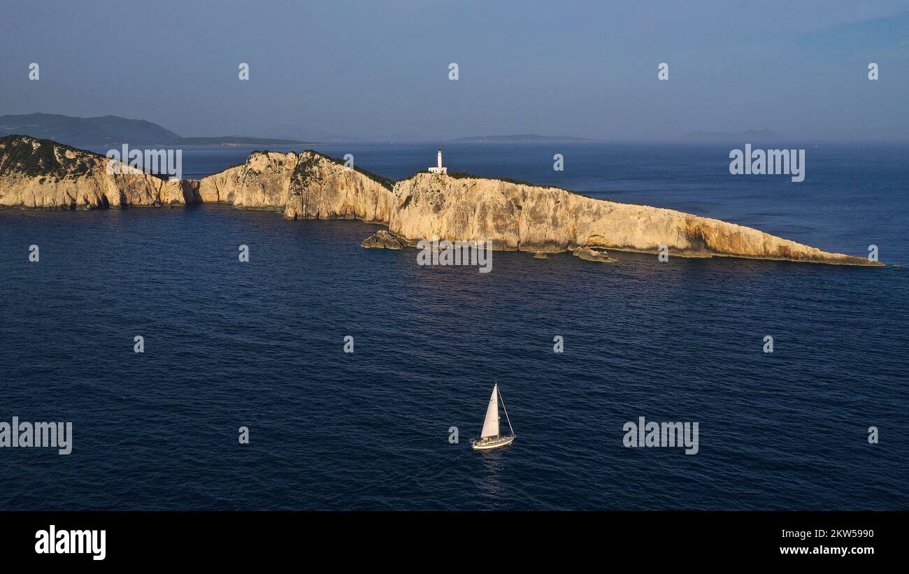 Drone shot, southern tip of the island, Cape Lefkadas, cliff ...