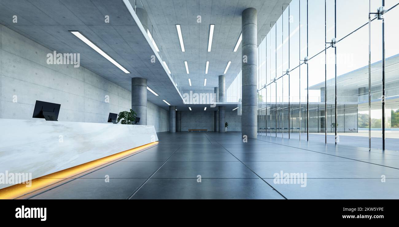 Modern glass wall commercial buildings reception lobby hall. Realistic