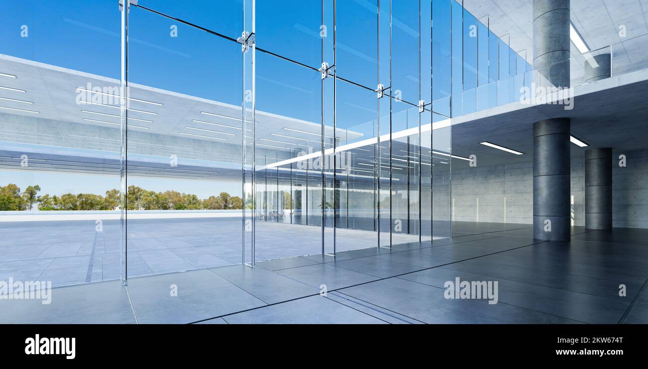 Modern glass wall commercial buildings lobby hall. Realistic 3d
