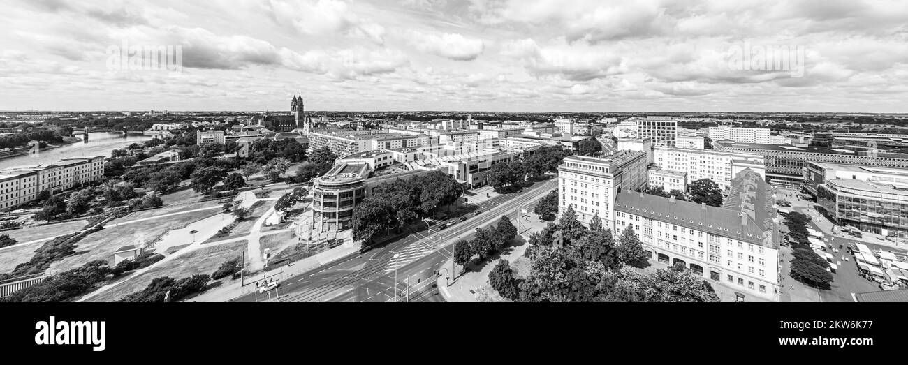 Black and white panorama with Elbe, Magdeburg Cathedral, Allee-Center