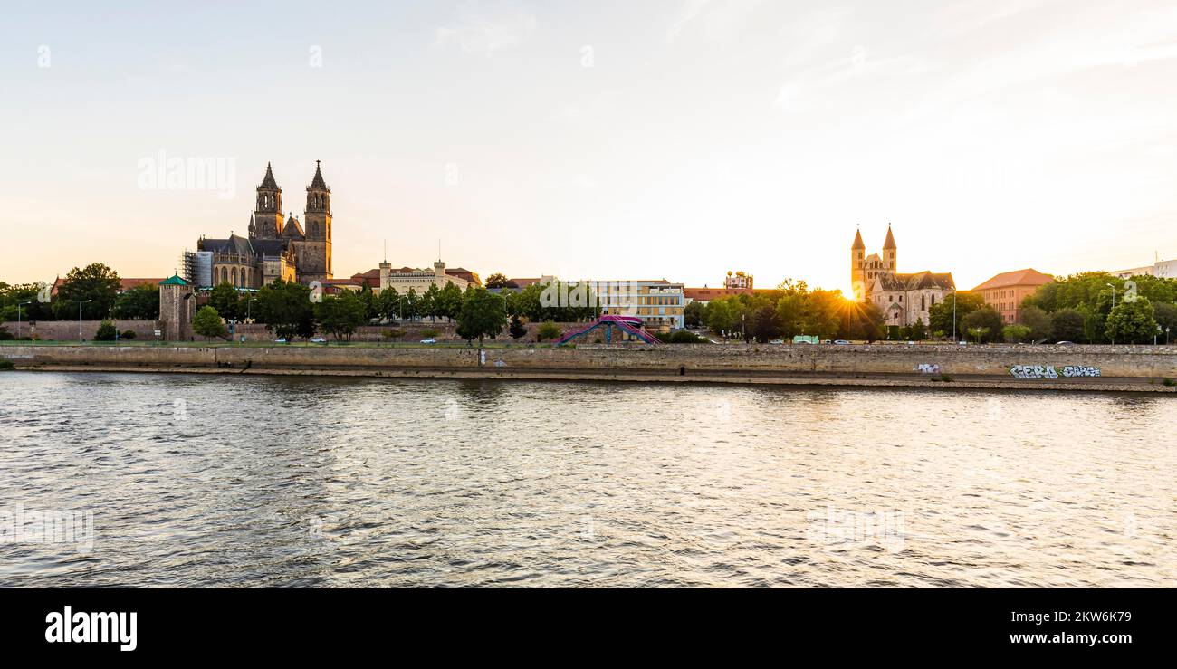 City view with Magdeburg Cathedral, Fürstenwall and monastery at sunset, Elbe, Magdeburg, Saxony-Anhalt, Germany, Europe Stock Photo