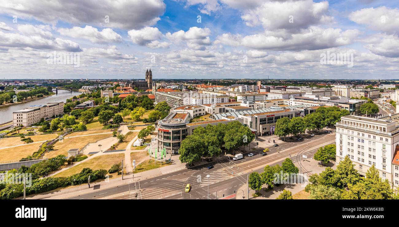 Bird's eye view of the city centre with the river Elbe, Magdeburg