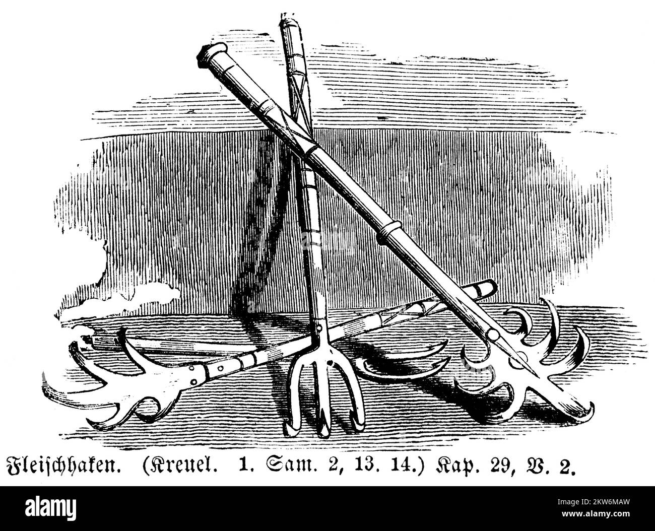 Meat hook, hooks, tools, Bible, Old Testament, First Book of Chronicles, Chapter 29, Verse 2, historical illustration c. 1850 Stock Photo