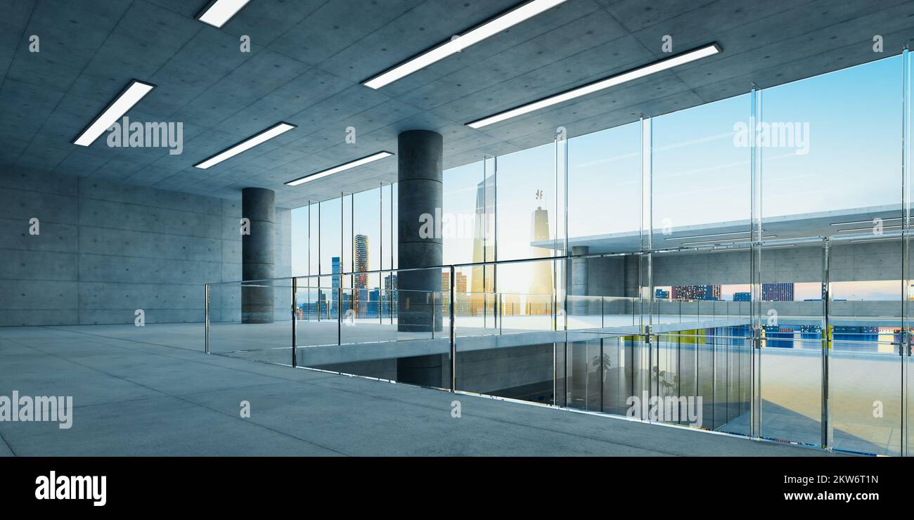 Modern glass wall commercial buildings empty space. Realistic 3d