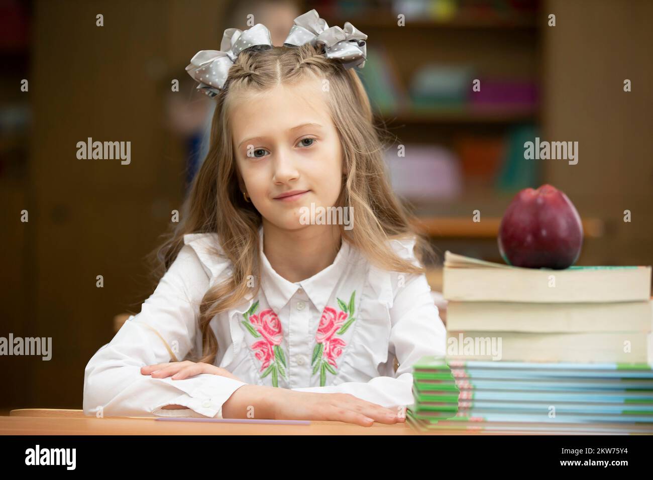 Beautiful schoolgirl with bows at her desk. Girl in the classroom with ...