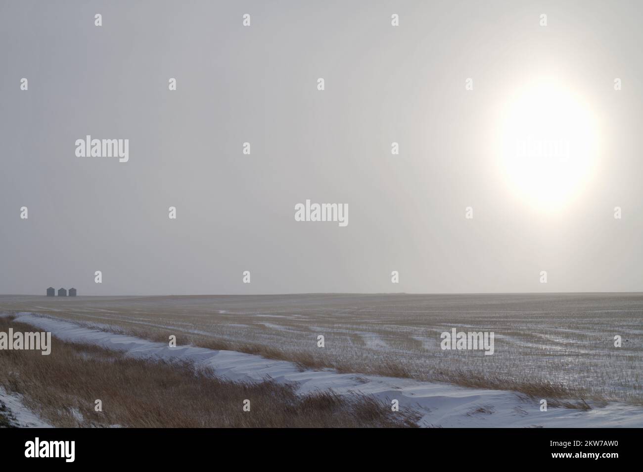 Three grain bins during a winter storm in the deep winter season of Western North Dakota. This image captures the isolated reality of agriculture. Stock Photo