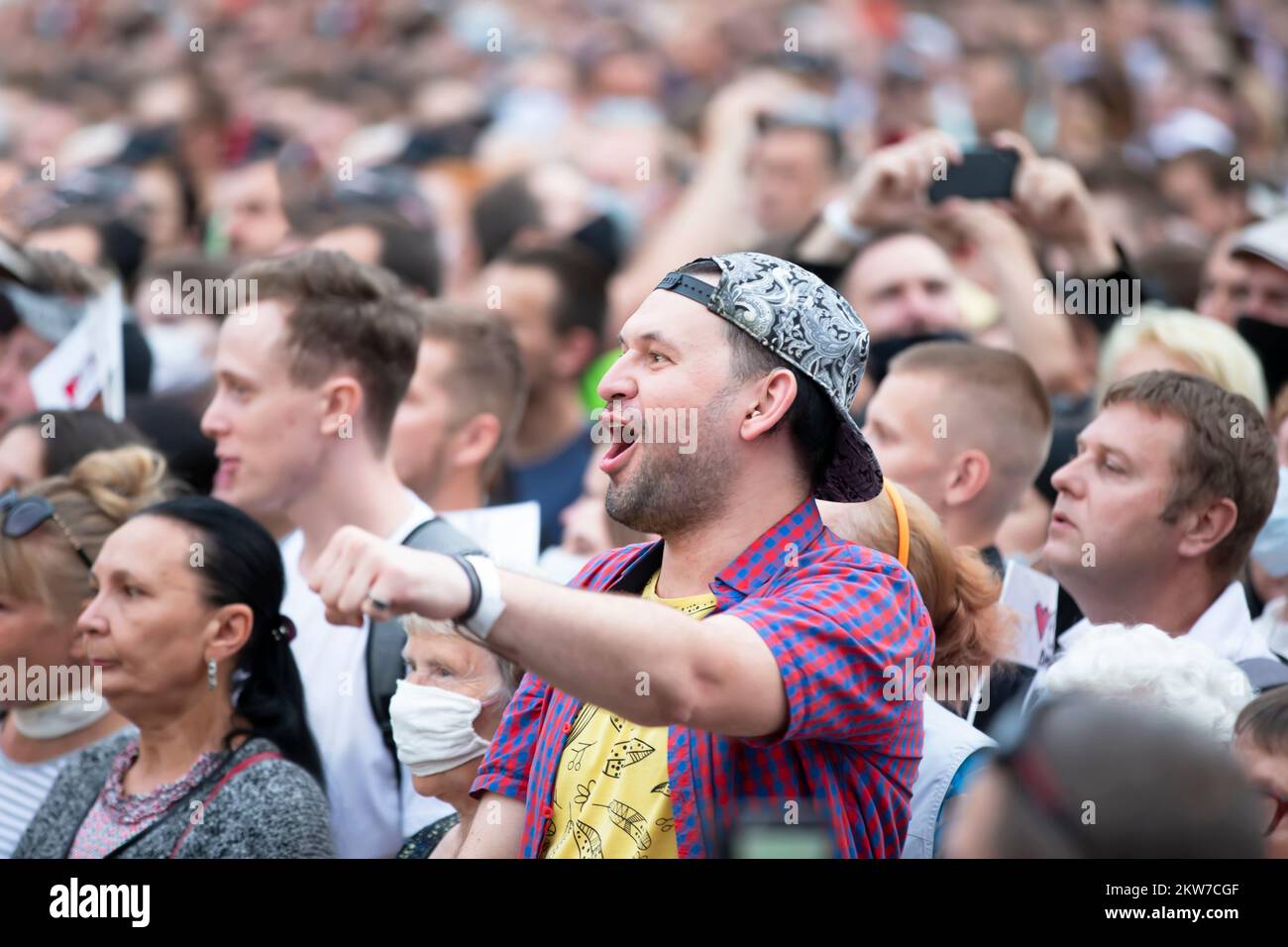 Belarus, city of Gomil, July 26, 2020. A group of people at a protest. A man shouts slogans, protests against the current government. A group of demon Stock Photo