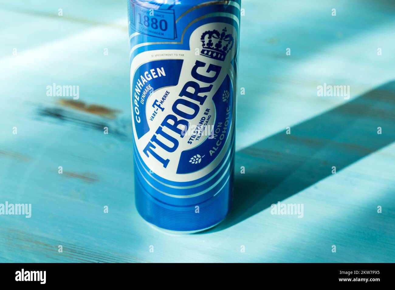 Tyumen, Russia-August 02, 2022: Tuborg beer non alcoholic can. Tuborg advertisement concept with blue color. Stock Photo