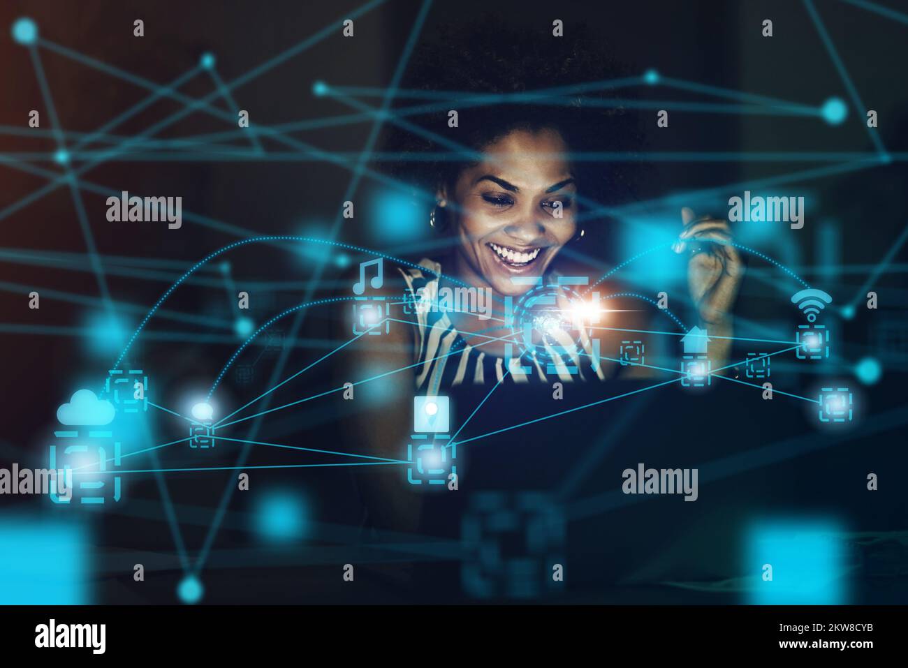Black woman, cloud computing or hologram futuristic 5g UX tech for networking, analytics or big data strategy. Business network, iot or data analysis Stock Photo