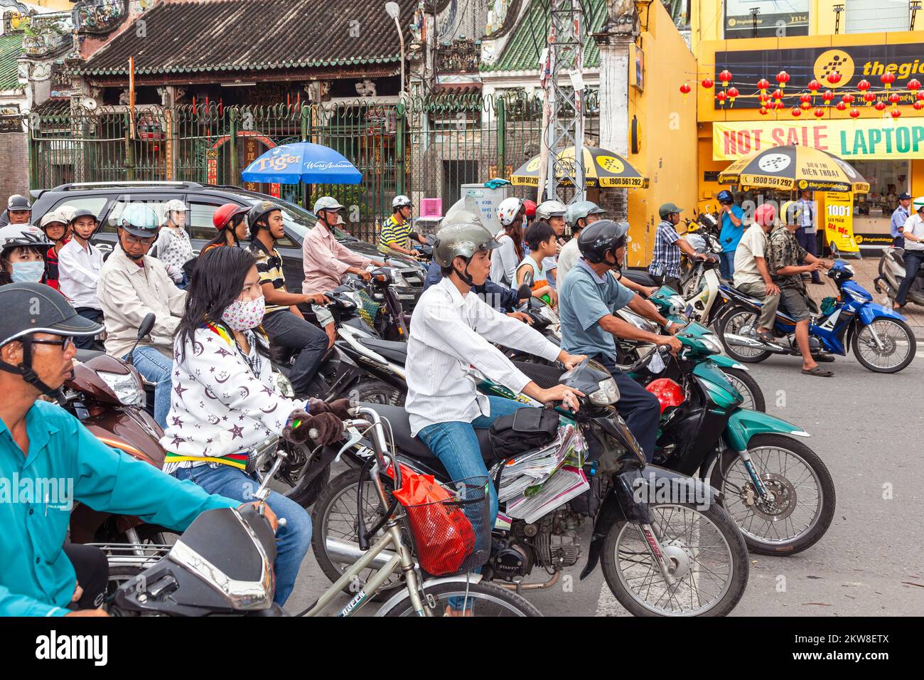 Motorcycle traffic congestion at road junction, Ho Chi Minh City, Vietnam Stock Photo