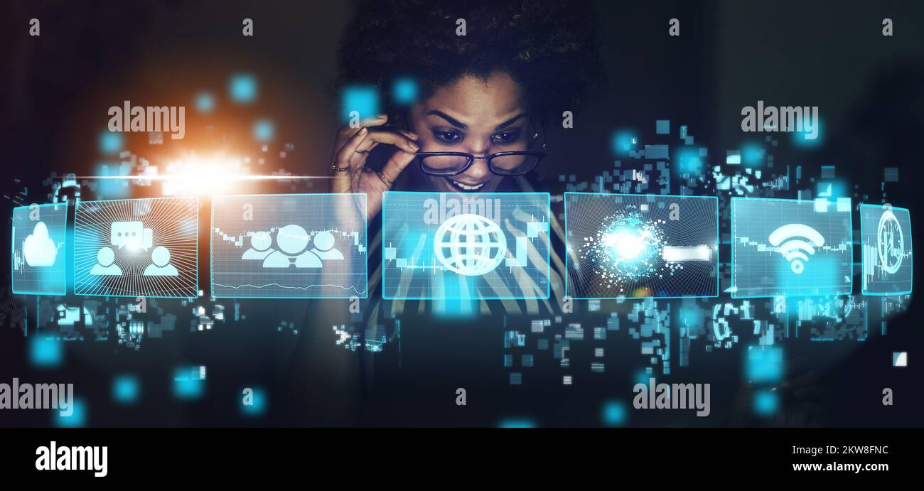 Woman, networking and ai technology hologram of virtual icons for business or social communication at night. Excited female using big data, futuristic Stock Photo