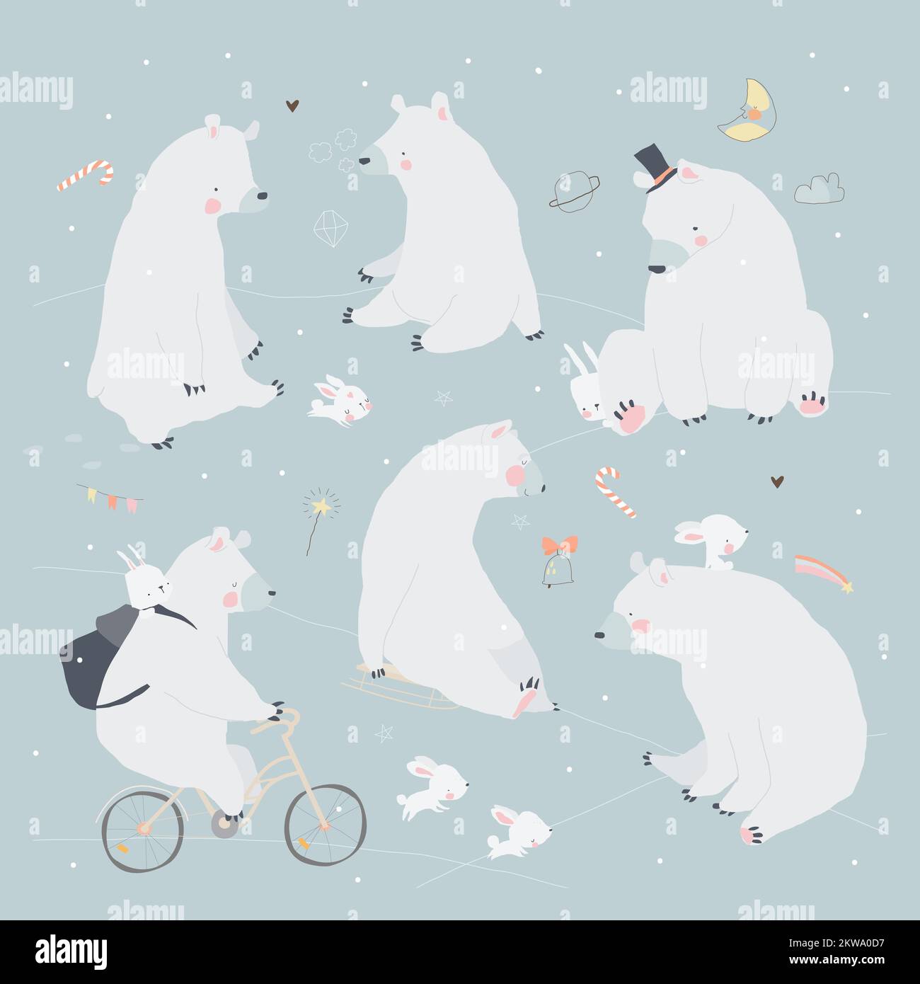Set of Cute Polar Bears and Rabbits enjoying Winter Stock Vector Image ...