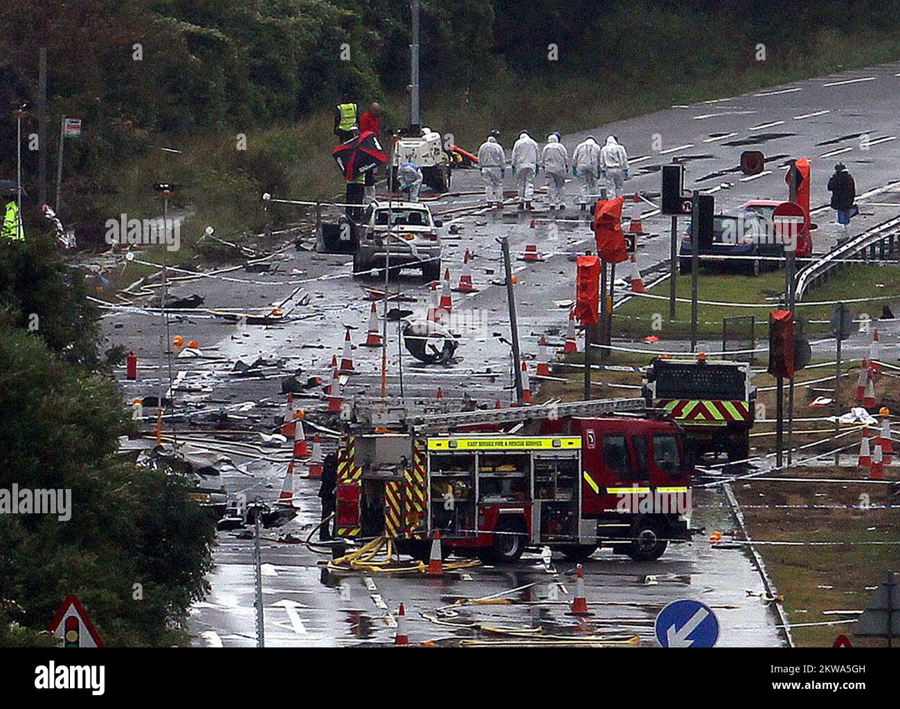 File photo dated 24/09/15 of emergency services on the A27 at Shoreham in West Sussex where seven people died when an historic Hawker Hunter fighter jet plummeted onto the major south coast road after failing to pull out of a loop manoeuvre. Stock Photo