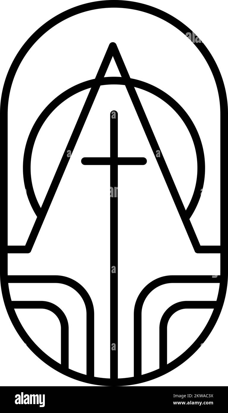 Religion line cross, and building. Alpha and Omega. Holy God come to people. Vector Logo church Icon Illustration Isolated. Jesus Christ on Calvary is Stock Vector