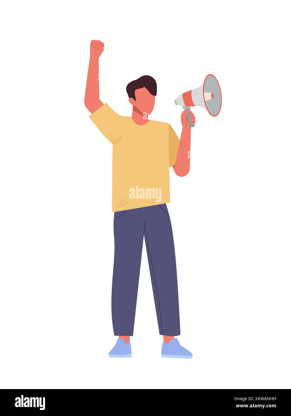 A young man shouting on a megaphone. Male activist on protest. Vector character illustration in flat style Stock Vector