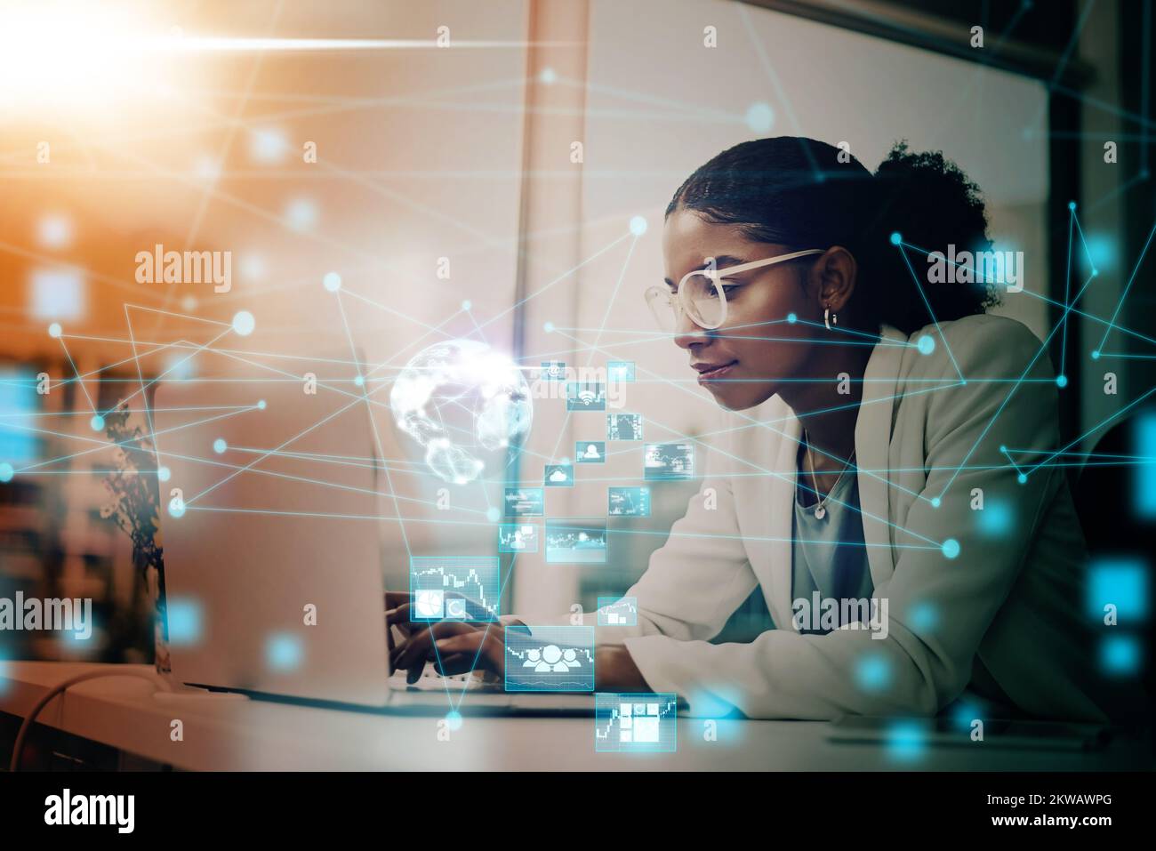 Business woman, AI and laptop with hologram, UX and networking for forex trading icon in office using virtual platform. Female using global technology Stock Photo