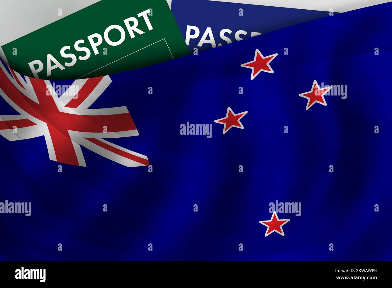 New Zealand flag background and passport of New Zealand. Citizenship