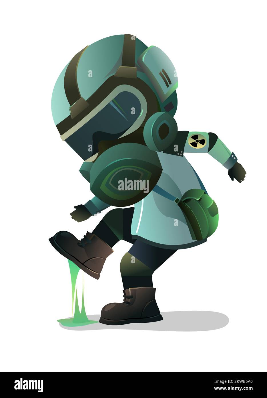 Man in gas mask stepped on suspicious substance dirt. Character in chemical protection against radioactive dust. Cartoon person post-apocalypse Stock Vector