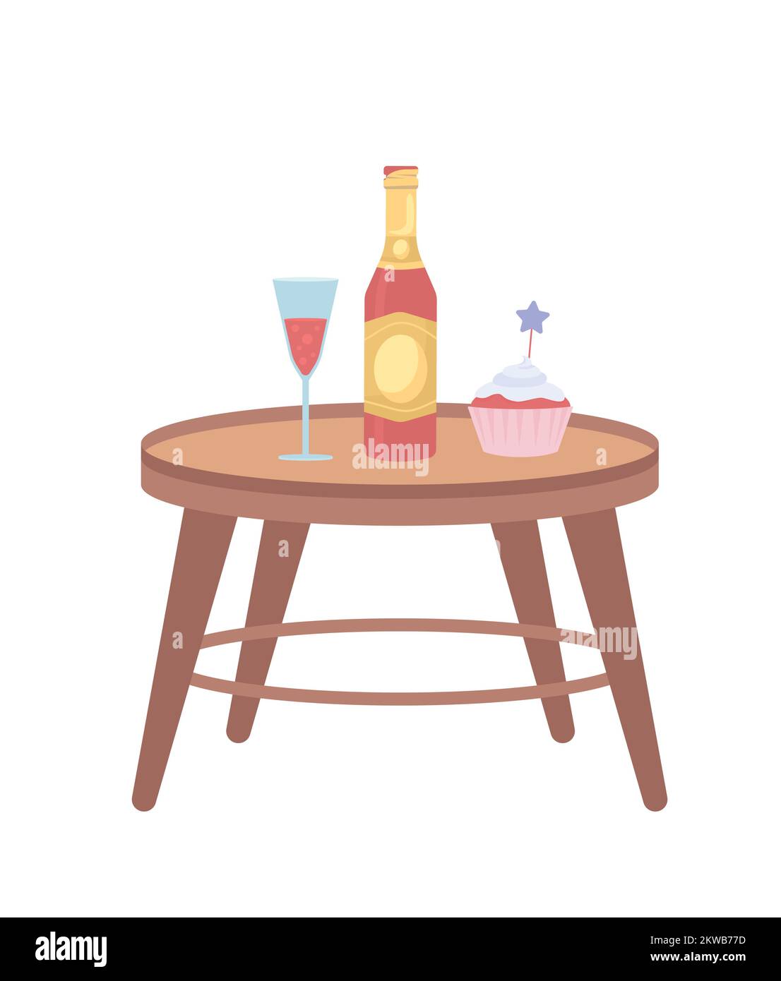 Champagne and cupcake on small table semi flat color vector objects Stock Vector