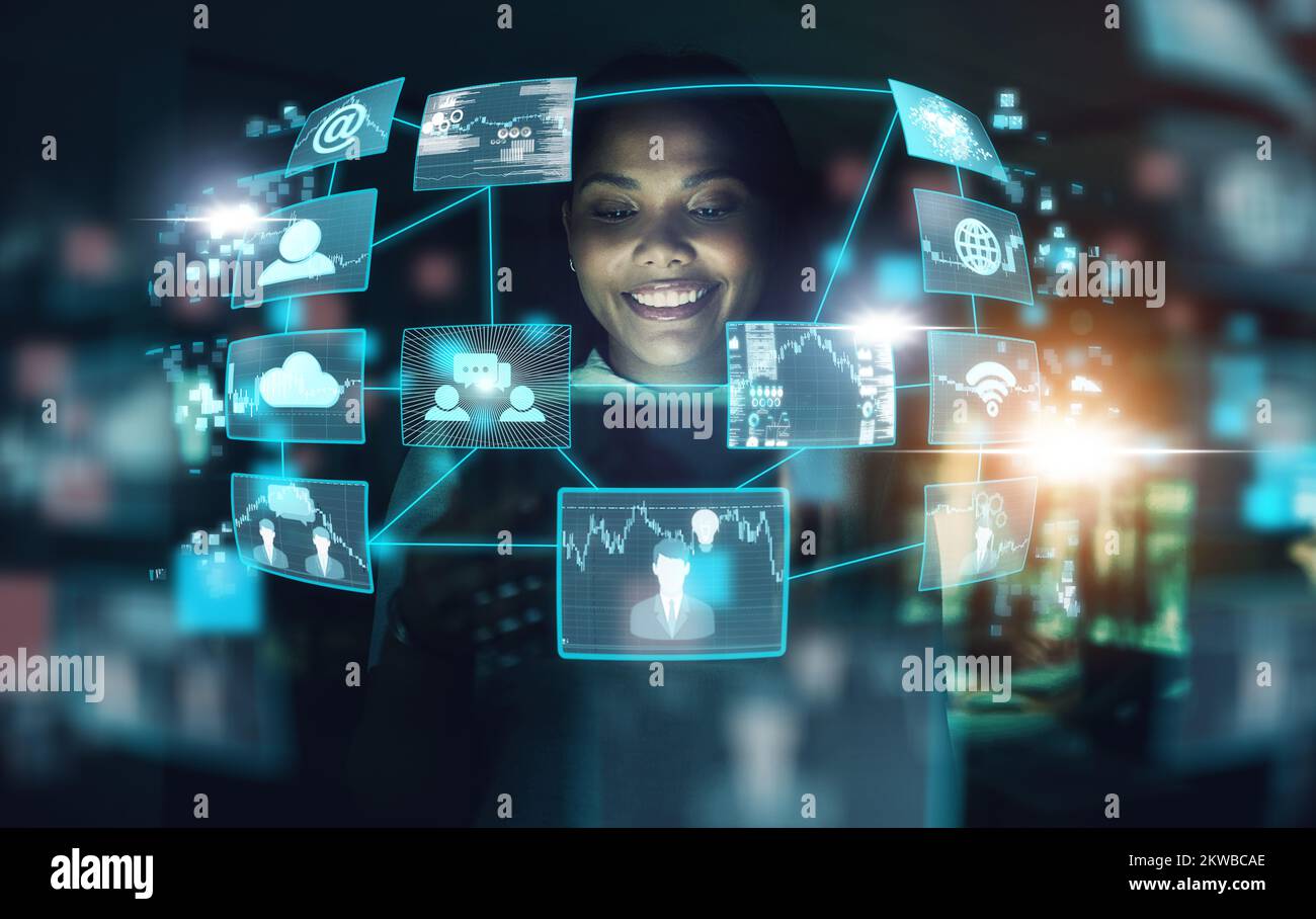 Technology, ai and business woman networking or trading at night using virtual UX interface at work. Female using big data hologram with futuristic 5g Stock Photo