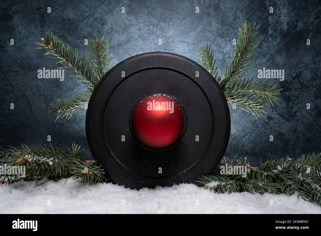 Gym dumbbells weight plate shaped as a reindeer. Christmas tree