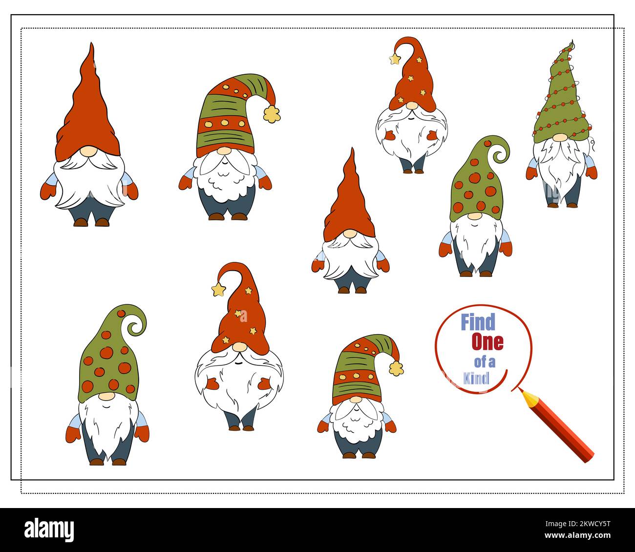 A puzzle game for kids, find the one of a kind. Cartoon Christmas Gnome. Stock Vector