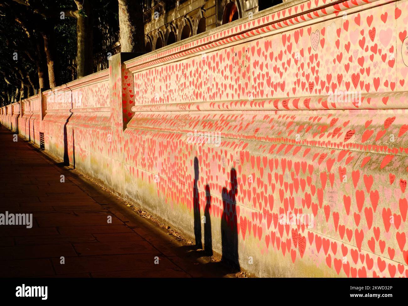 National Covid Memorial Wall glowing gold soon before sunset with shadows of passers-by on the South Bank of the Thames, London, England Stock Photo