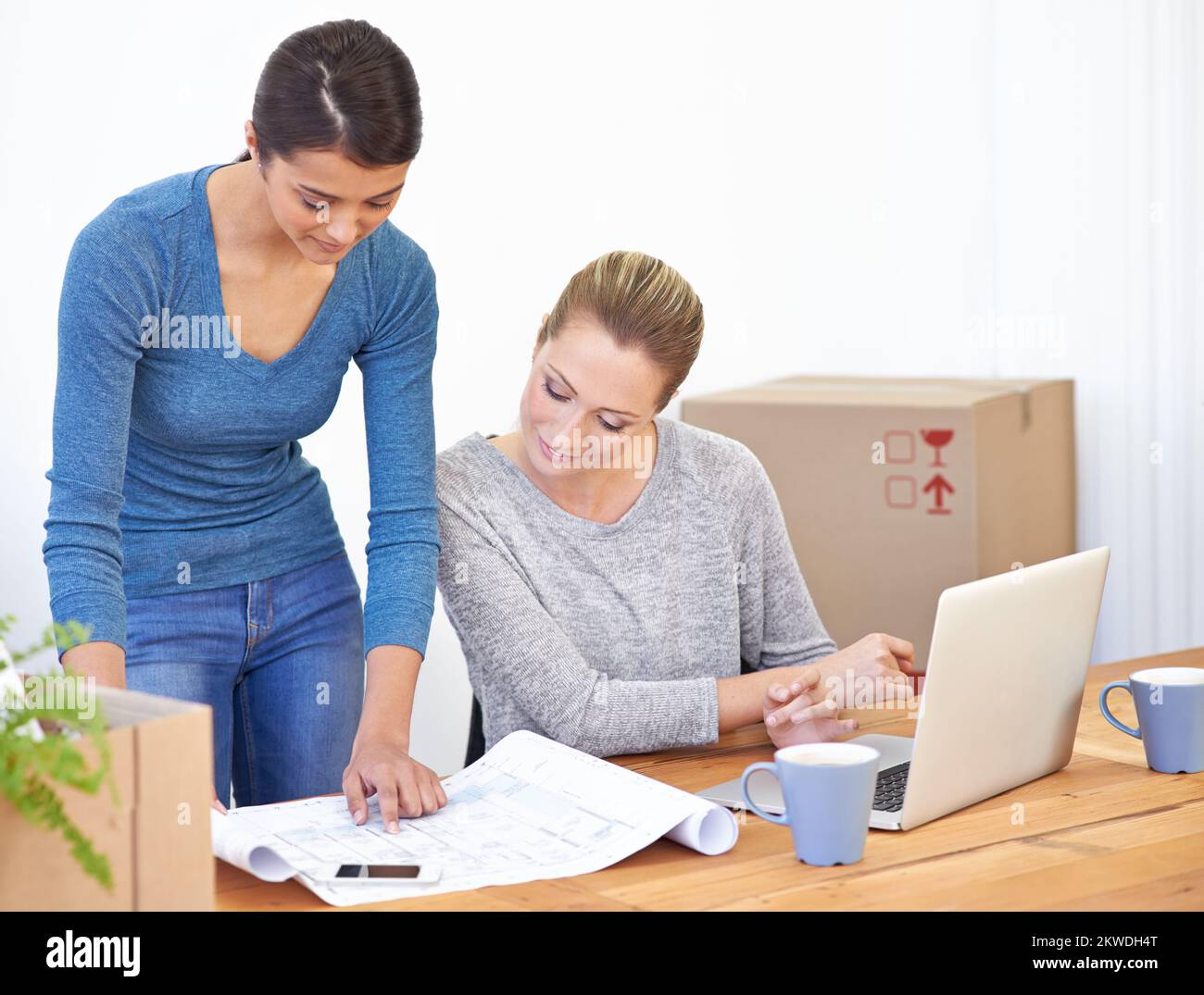 Designing their new space. two young female entrepreneurs looking at ... - Designing Office For Young Entrepreneurs