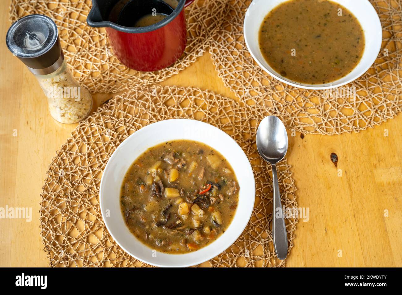 Potato soup with mushroom and vegetable in two plate, pot, spoon and salt on table. Stock Photo