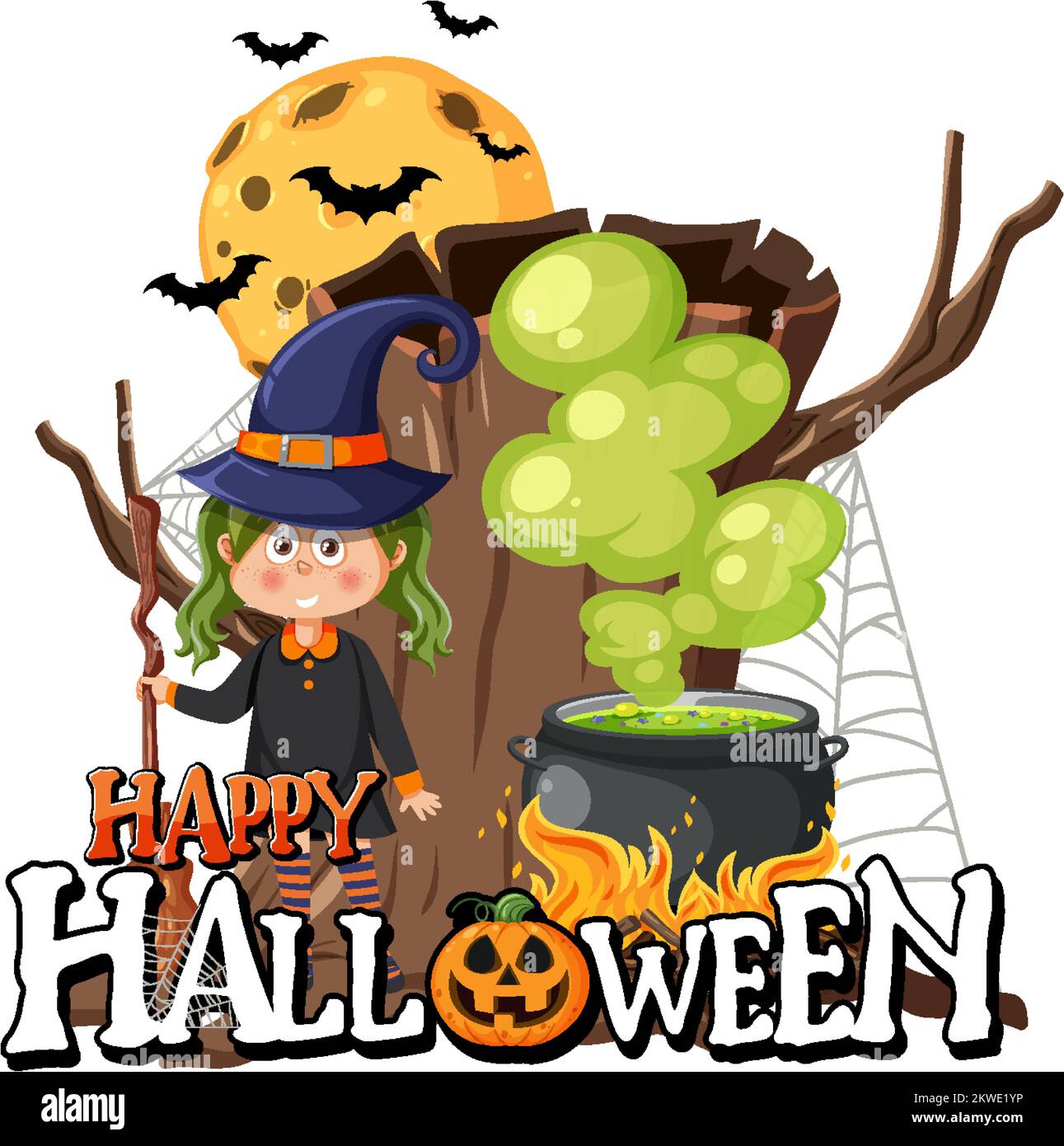 Happy Halloween Text Logo With Cartoon Character illustration Stock ...