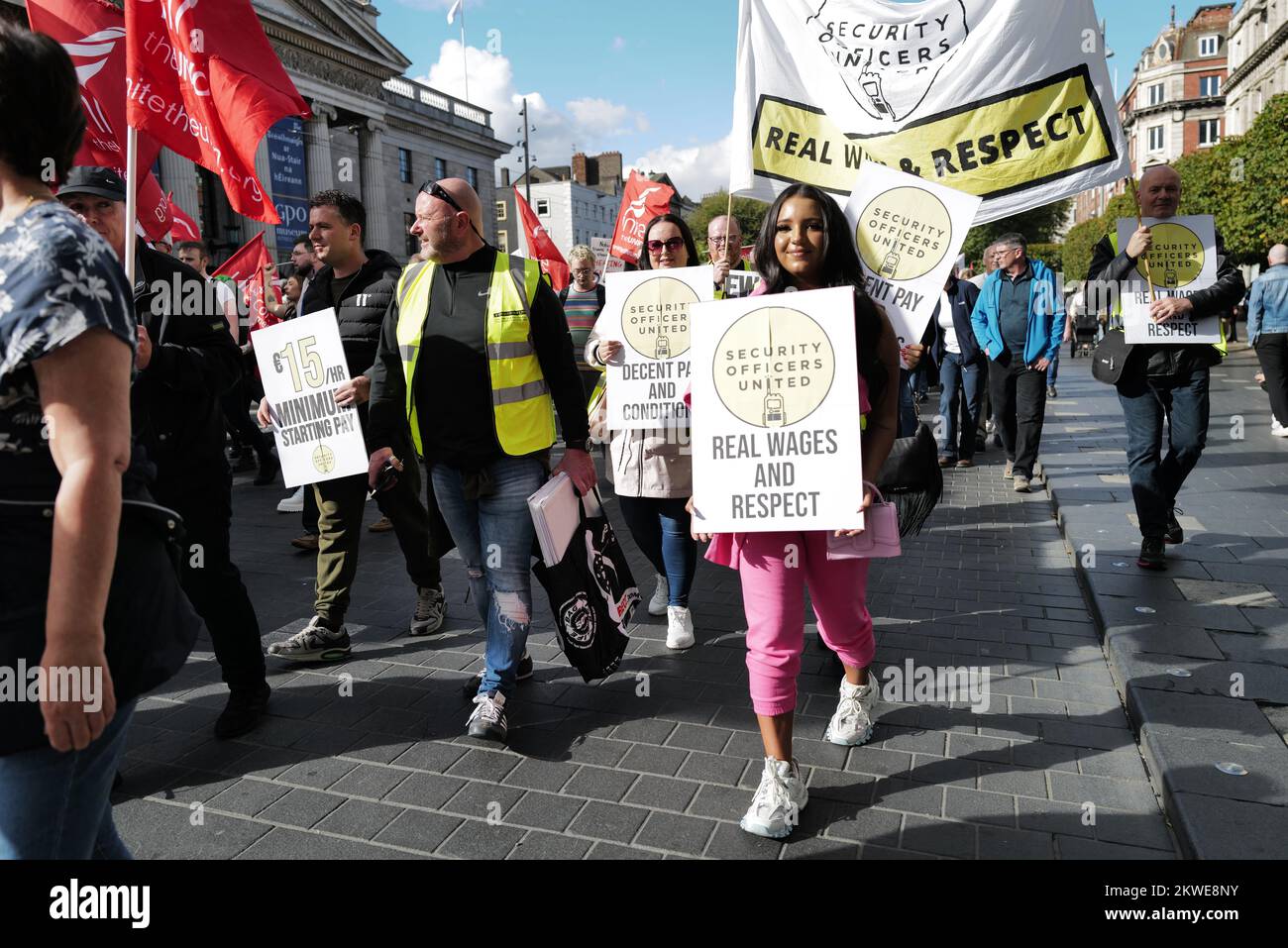 Protestors carrying placards and banners at a Cost of Living Crisis march in Dublin city centre. Stock Photo