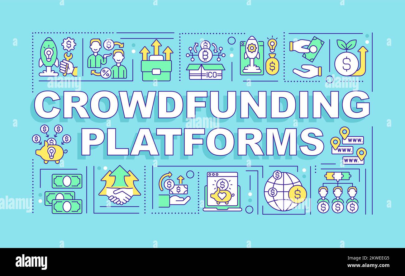 Crowdfunding platforms word concepts turquoise banner Stock Vector