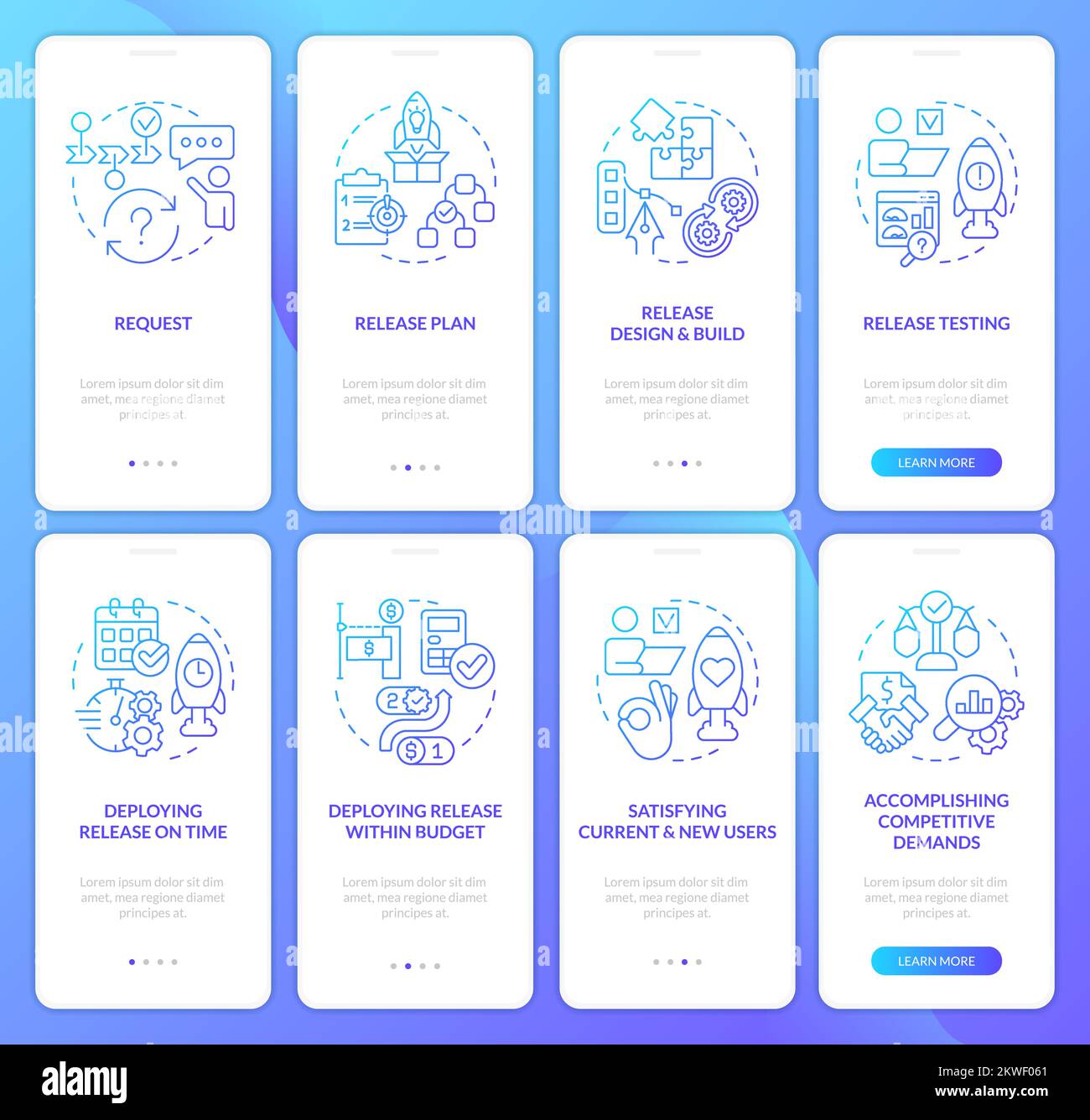 Release planning process blue gradient onboarding mobile app screen set Stock Vector