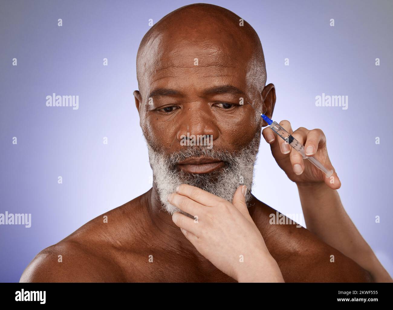 Skincare, botox injection and senior man getting anti aging treatment in face on studio background. Healthcare, medical insurance and hands with Stock Photo