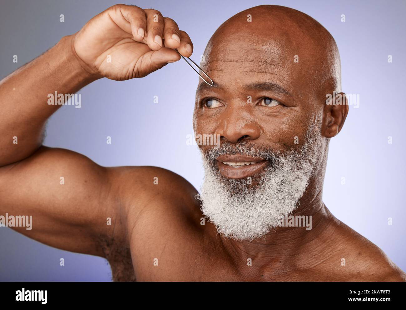 Eyebrow hair, tweezers and senior man doing facial routine, eyebrows