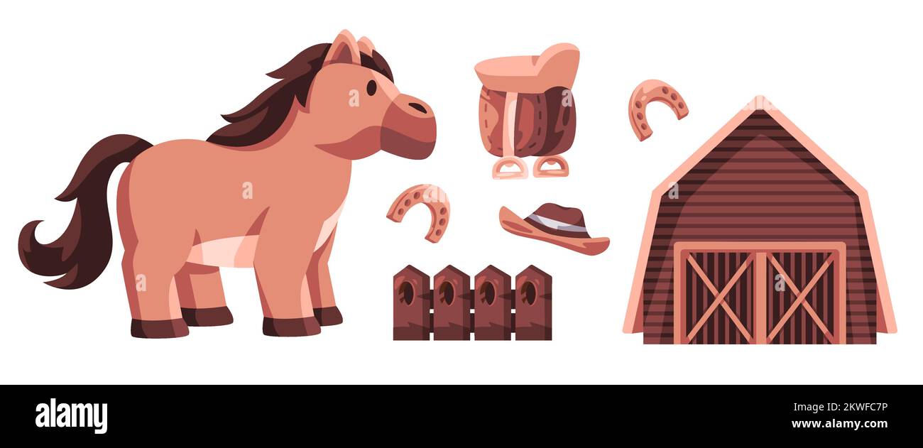 Horse illustration set collection object horseshoe barn and saddle ...