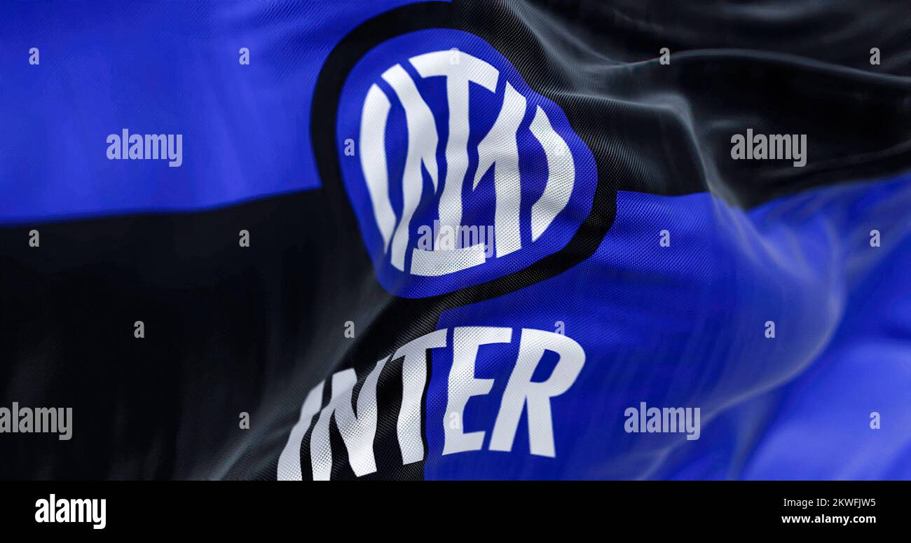 Milan, Italy, July 2022: The flag of Inter Football Club waving in