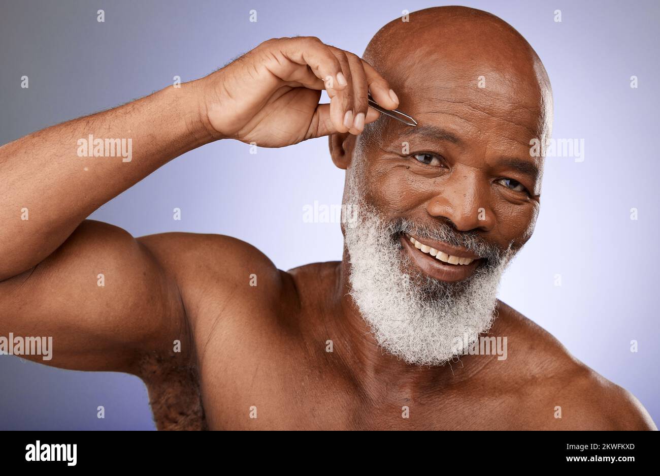 Tweezer, man and beauty portrait of senior male remove eyebrow hair on a grey studio background. Face, african American male and haircare with tweeze Stock Photo