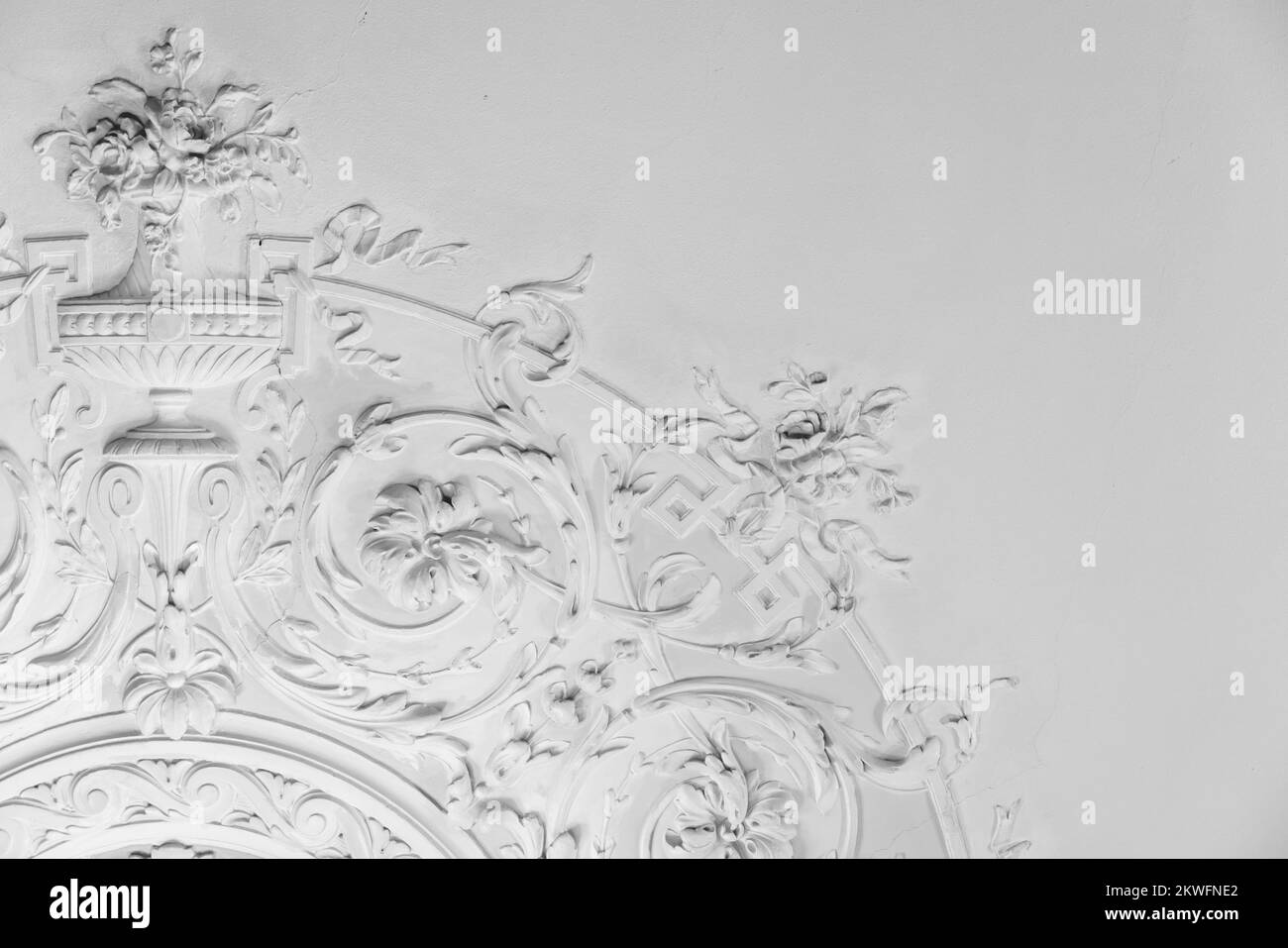 White basrelief ceiling design elements in rococo style, classic