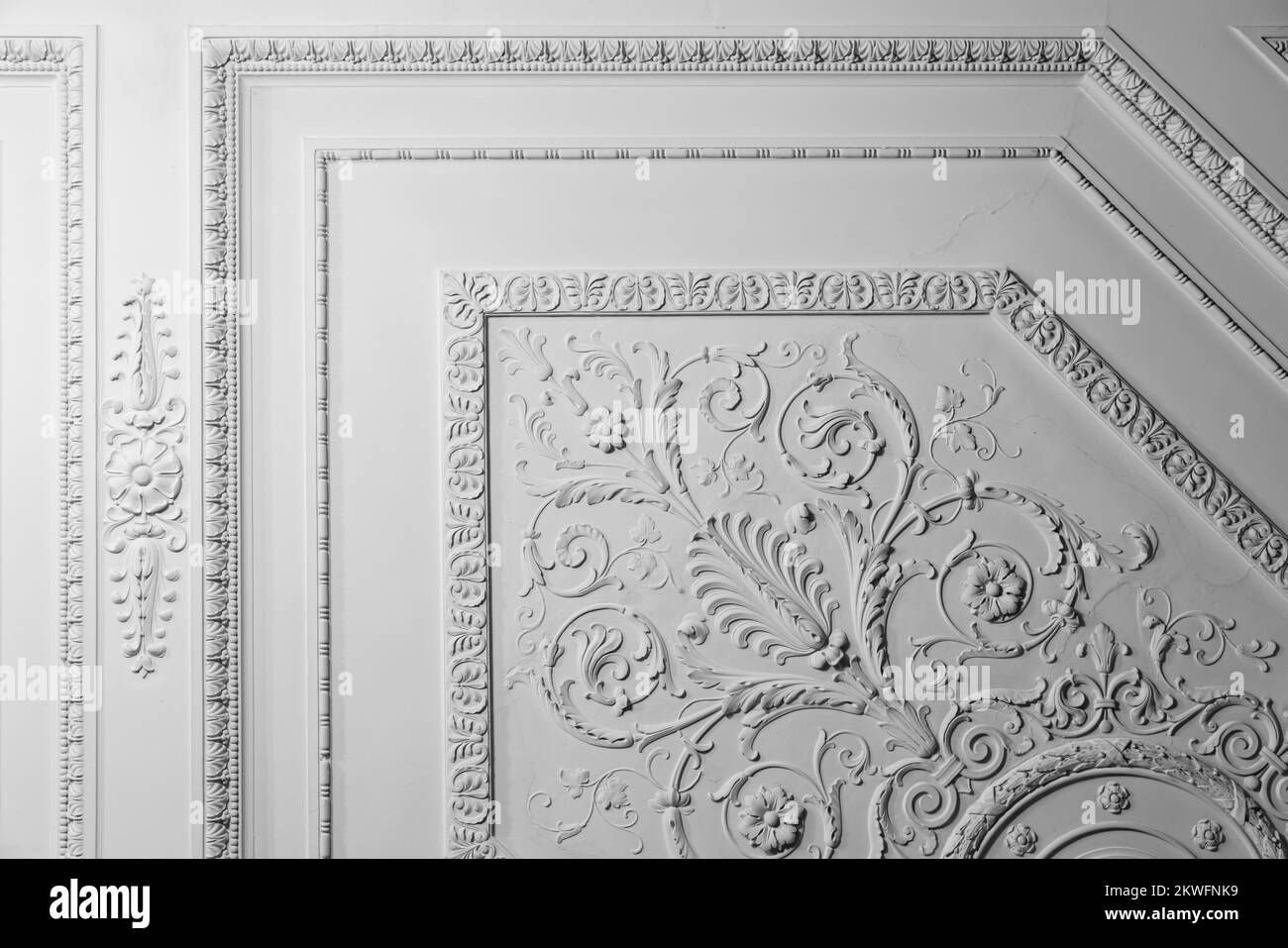 White ceiling design elements in rococo style, basrelief details