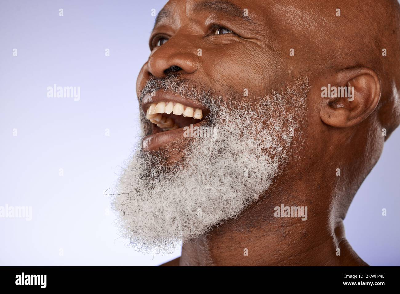 Senior, skincare and funny black man laughing on studio background for