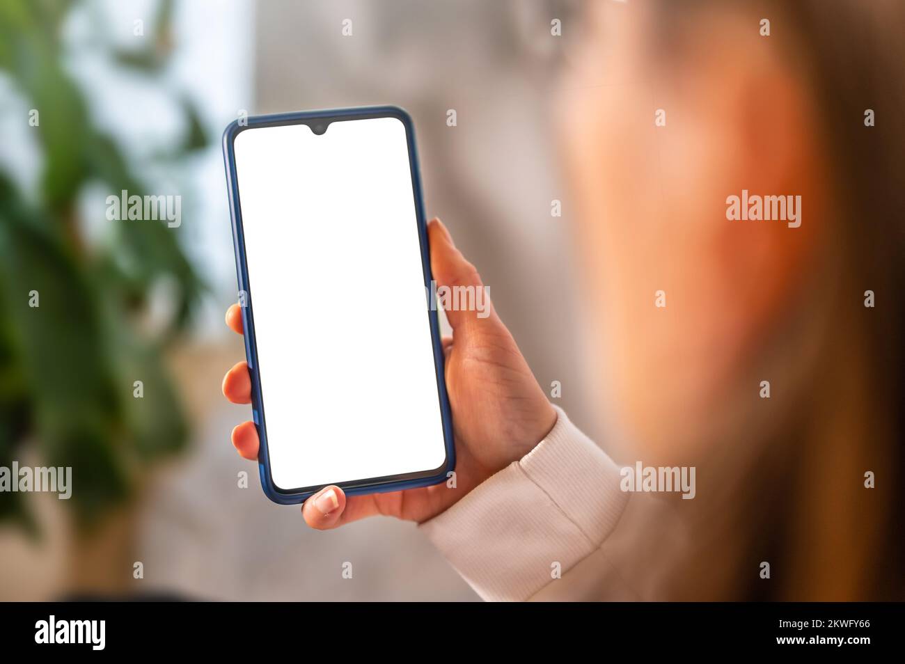 Smartphone with blank display in woman's hand as template for customization Stock Photo