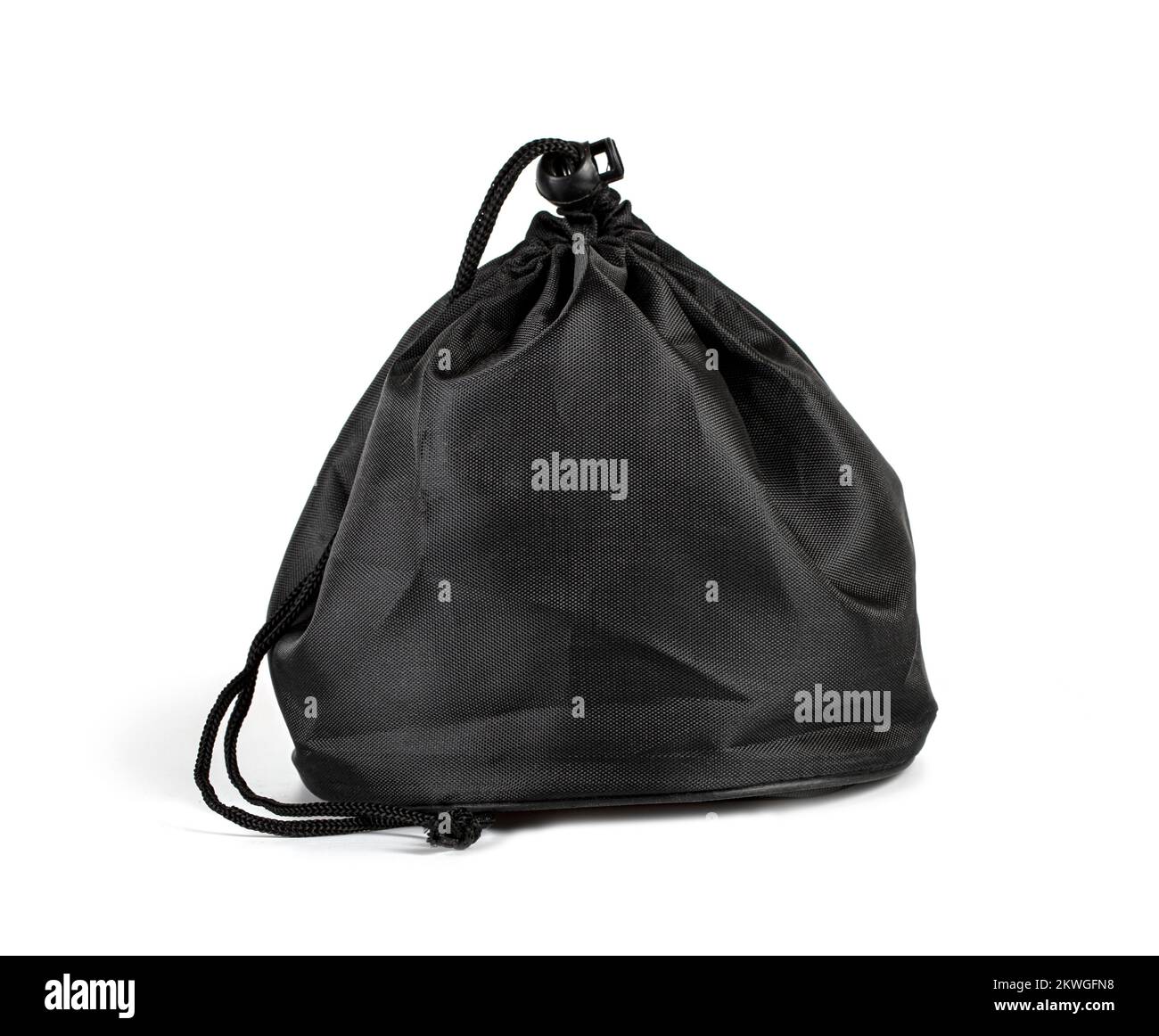 The Black drawstring bag packaging isolated over white background Stock Photo