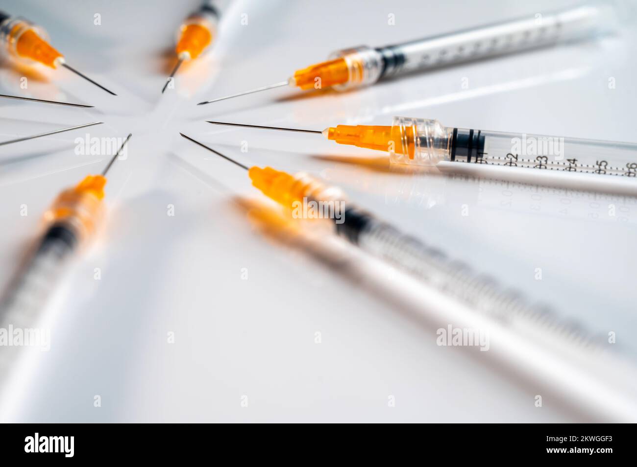 Syringes against a white background on the theme of medicine and vaccinations Stock Photo