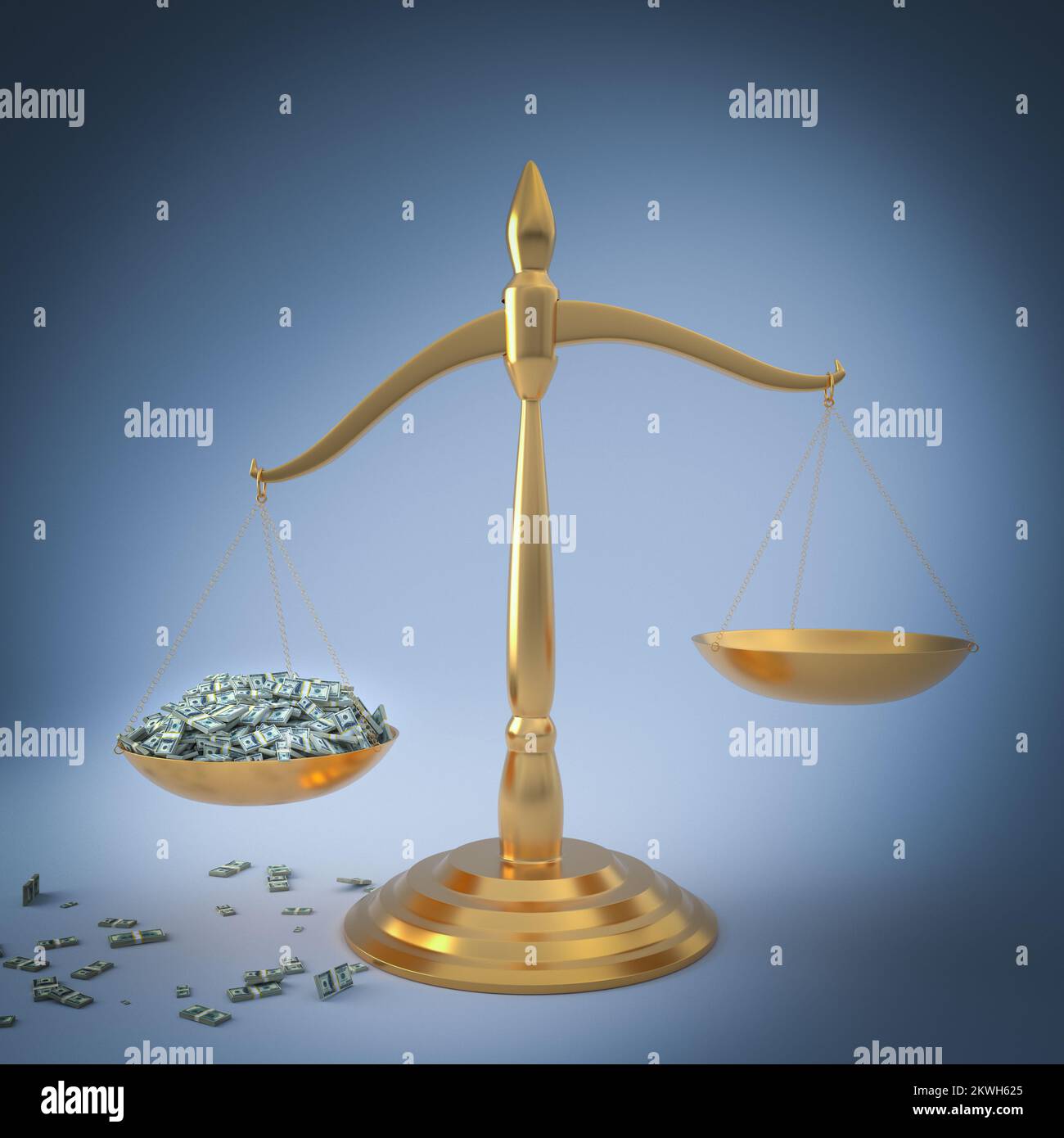 gold scales of justice with wads of dollars. 3d render Stock Photo