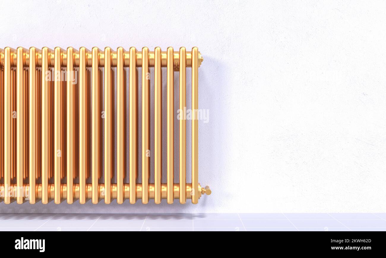 gold radiator and white wall. 3d render Stock Photo