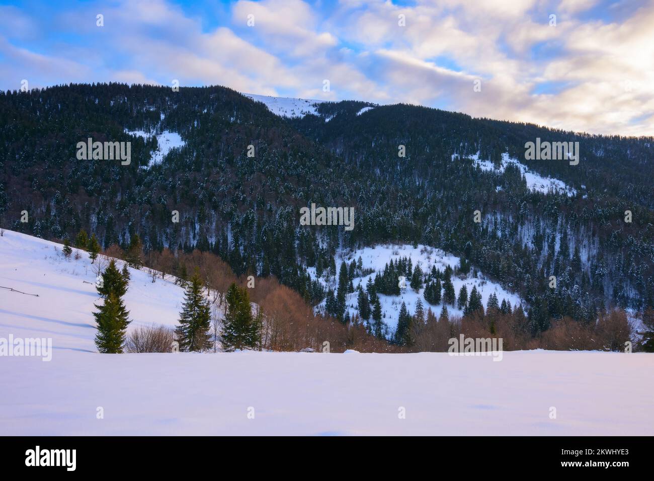 Snow covered winter landscape at sunrise hi-res stock photography and ...