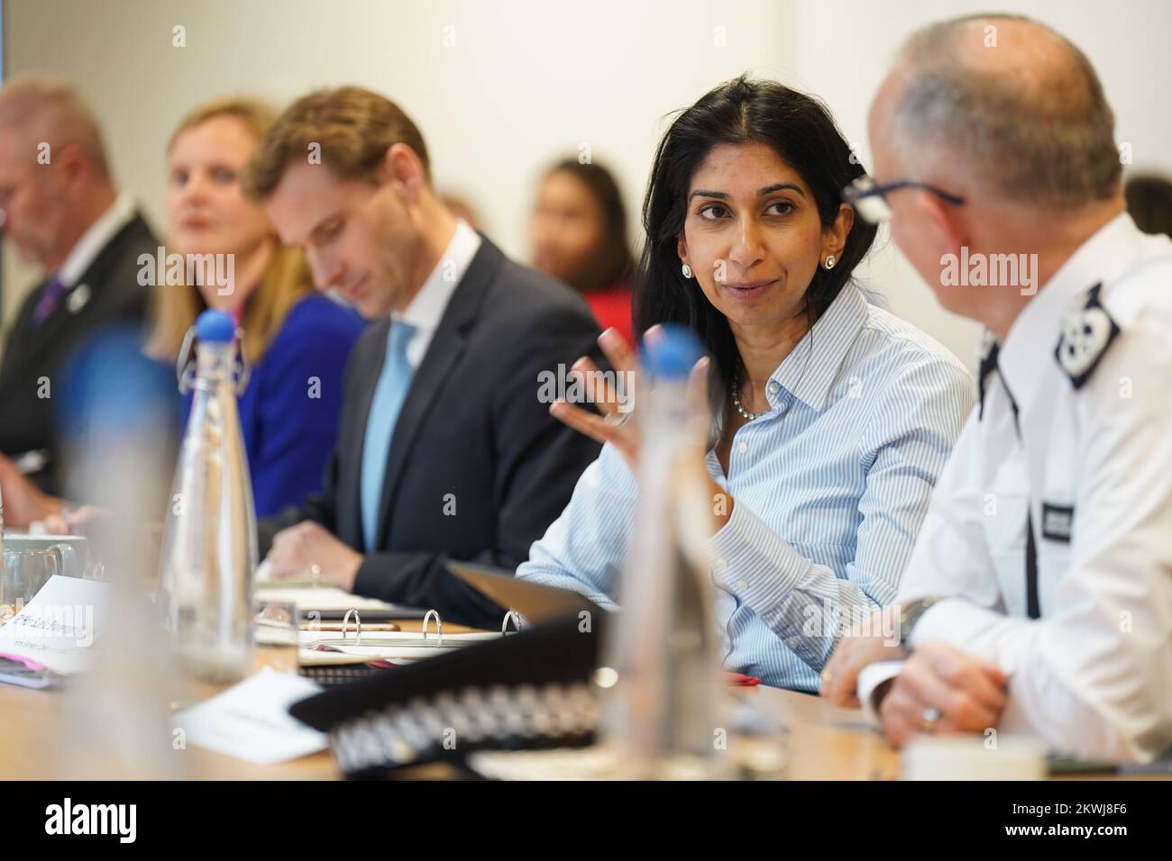 Home Secretary Suella Braverman talks to Metropolitan Police Commissioner Sir Mark Rowley (right) as she chairs a meeting of the National Policing Board at the Home Office in London. The Board, made up of law enforcement partners including the National Police Chiefs' Council, the National Crime Agency and the Met Police Commissioner. Picture date: Wednesday November 30, 2022. Stock Photo